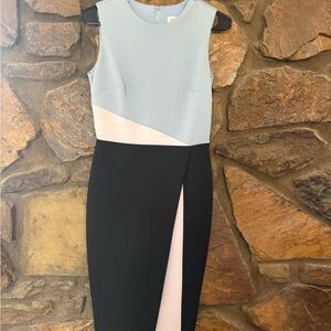 Calvin Klein Light Blue, White & Black Midi Sheath Dress